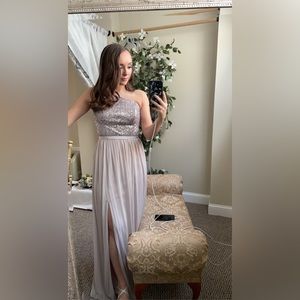 Platinum One Shoulder Mesh & Sequins Floor Length Gown